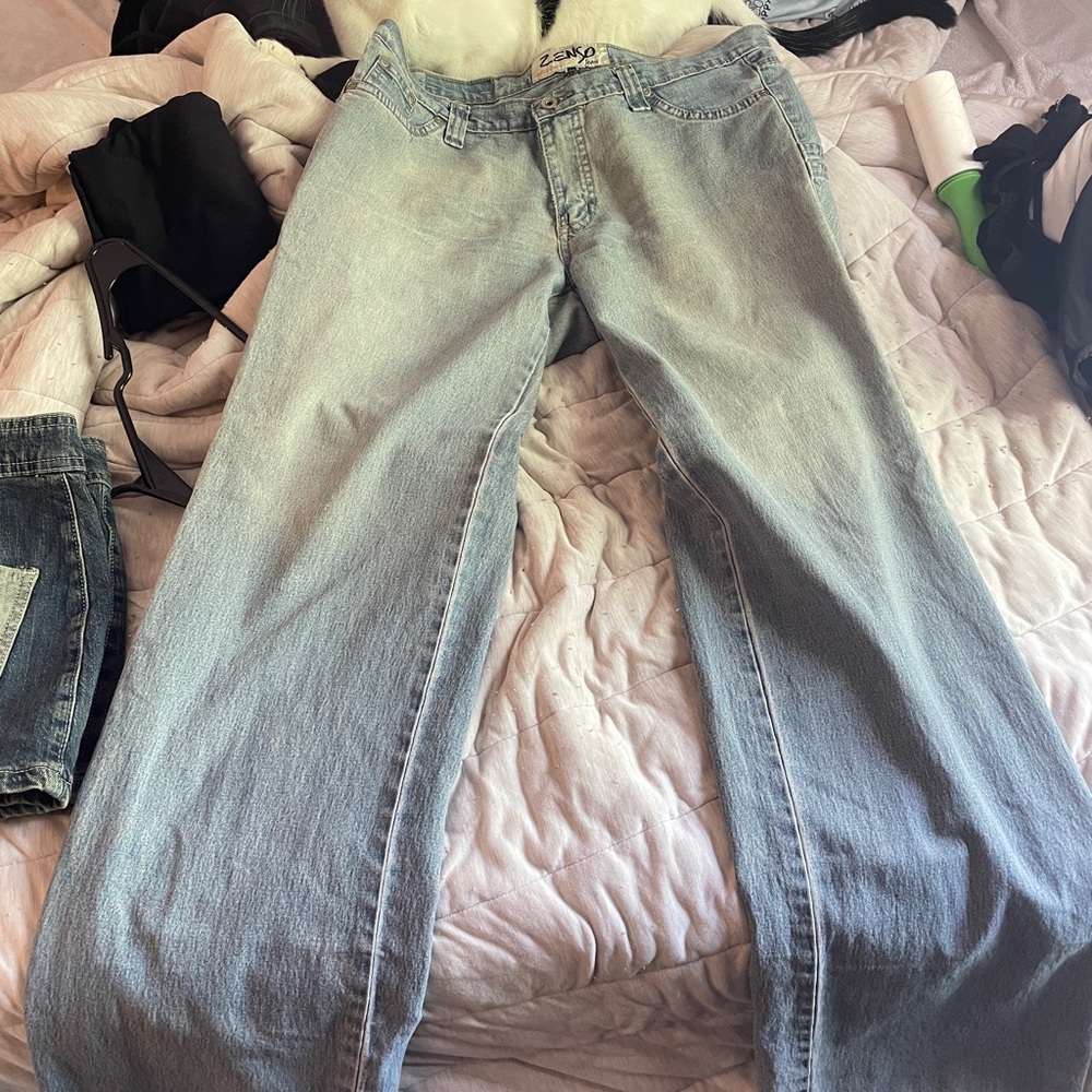 Blue Flare Wide Leg Low Rise Jeans with Vintage Appeal